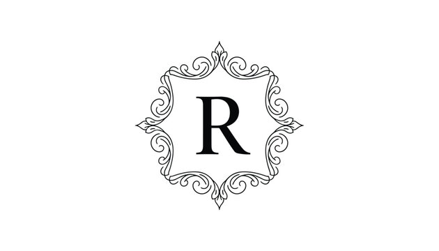 Classic capital letter R initial designed with an elegant ornamental frame borders over a plain white background.