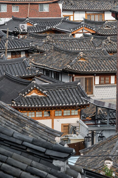 High-Angle View of Layered Hanok Roofs in Bukchon Village, Seoul