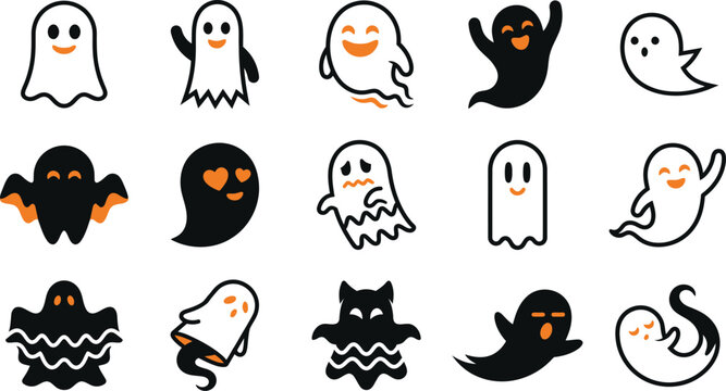 Halloween ghost character set with simple monochrome and orange icon designs halloween character celebration seasonal creature collection