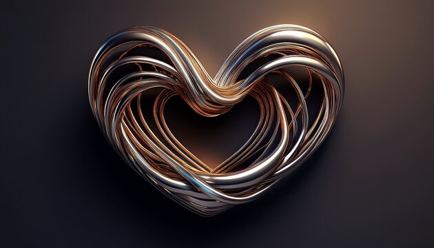metallic squiggle line 3d shape isolated futuristic chrome wriggling line banner with heart symbol abstract tangled curve