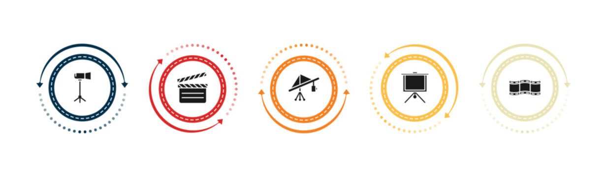 filled cinema icons set - movie light, movie clapper, jimmy jib, fabric for movies. editable vector for web and mobile ui