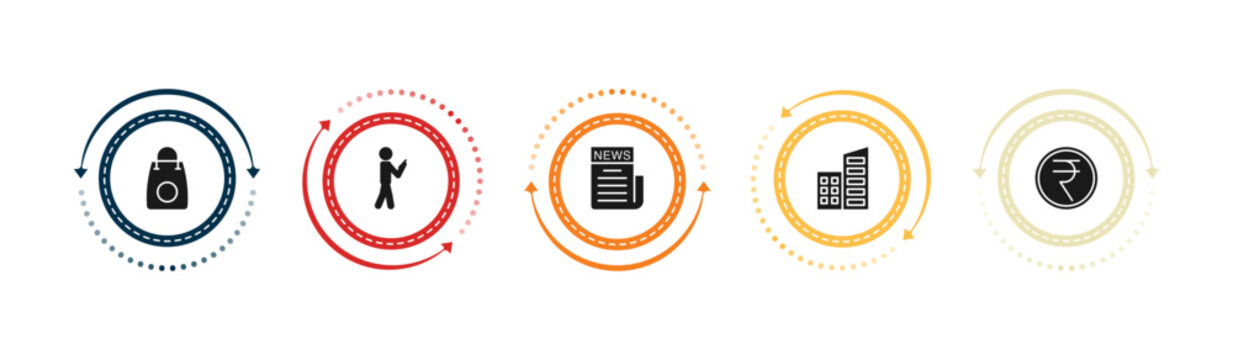 filled business icons set - supermarket bag, man looking, newspaper page, corporation. editable vector for web and mobile ui