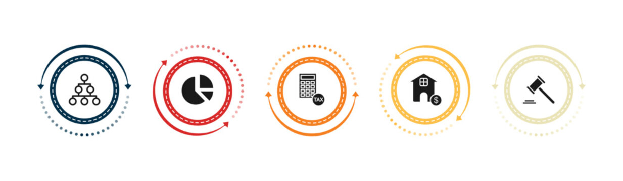 filled business icons set - hierarchical order, pie chart statistics, tax calculate, mortgage loan. editable vector for web and mobile ui
