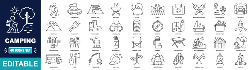 Fototapeta premium Camping icons set. Tent, sleeping bag, campfire, flashlight, backpack, compass, hiking boots, water bottle, first aid kit, knife, fishing rod, kayak, and more. Editable vector illustration.