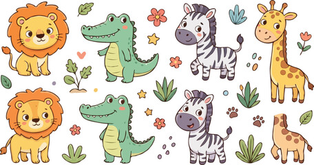Fototapeta premium Hand-drawn cartoon zoo animals set with playful expressions. Vector illustration of safari wildlife characters for kids design projects.