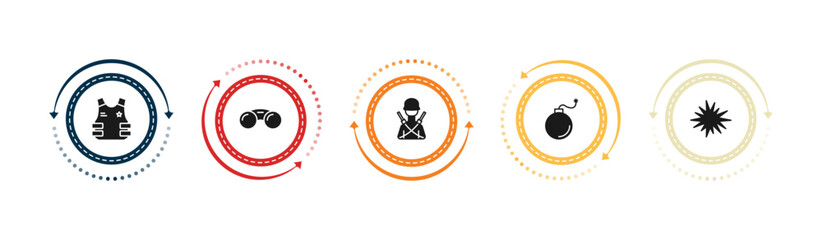 Obraz premium filled army and war icons set - bulletproof, binoculars, infantry, bomb. editable vector for web and mobile ui