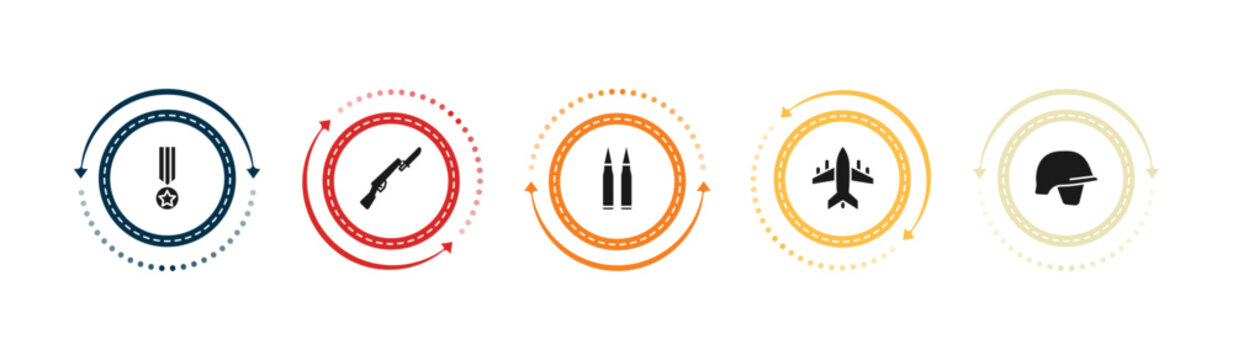 filled army and war icons set - condecoration, bayonet on rifle, two bullets, fighter plane. editable vector for web and mobile ui