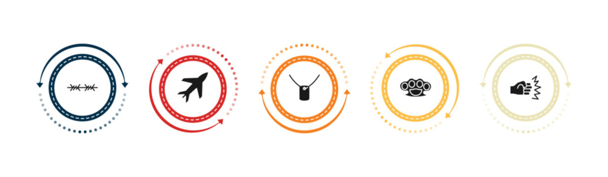 filled army and war icons set - barbed, airplane, dog tag, knuckle. editable vector for web and mobile ui