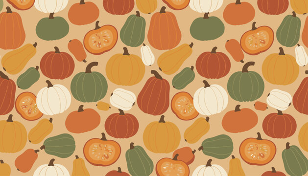 Vibrant seamless autumn pattern featuring assorted colorful pumpkins and winter squashes on a warm beige background.