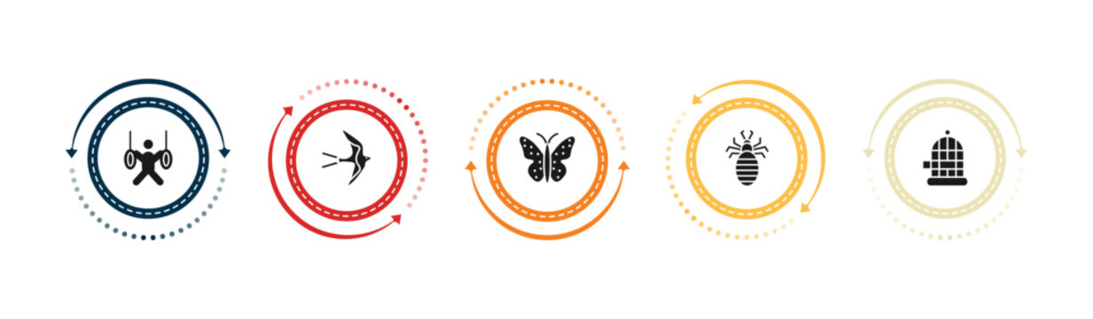 filled animals icons set - trapeze artists, swallow, japanese butterfly, louse. editable vector for web and mobile ui
