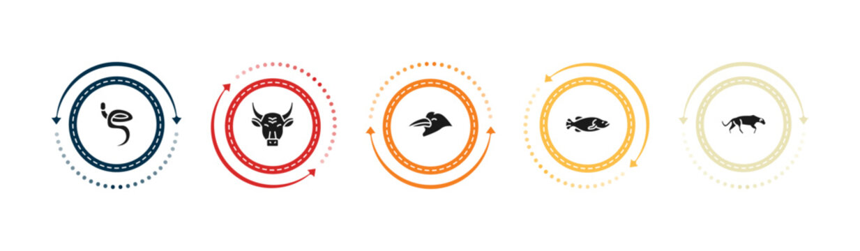 filled animals icons set - blindworm, bull, crow, big fish. editable vector for web and mobile ui