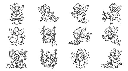 Fototapeta premium Cute Fairy Reading Books Collection - Black and White Line Art
