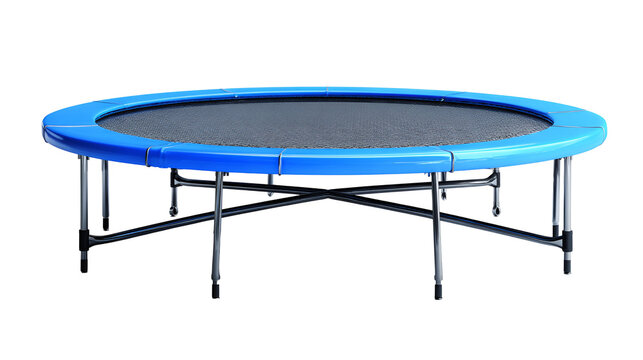A small blue outdoor trampoline for kids exercise and jumping fun in the garden or backyard area