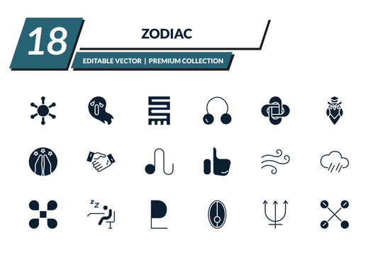 filled zodiac icons set - gods shield, spirit, toughness, coagulation. editable vector for web and mobile ui