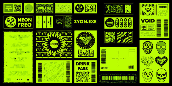 neon y2k rave ticket design kit vector collage pattern barcodes skulls icons labels