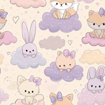 Seamless Pastel Nursery Pattern with Cute Bunny, Fox, Kitten and Bear Sitting on Soft Clouds with Bows and Stars