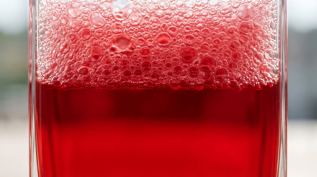 Crimson liquid with red bubbles in close-up view