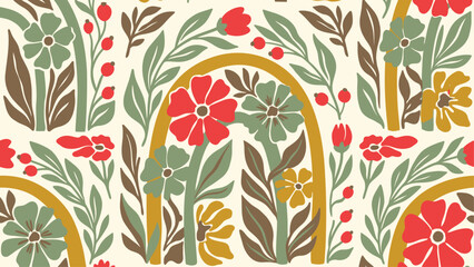 Retro 70s Seamless Floral Pattern with Arches and Earthy Botanicals. Flat vector illustration EPS 10. © Robich Art