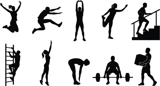 Silhouettes demonstrate a collection of functional physical activities including lifting weights, stair climbing, and stretching.