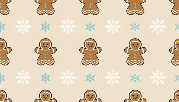 Seamless pattern with smiling gingerbread cookies and blue snowflakes on cream.