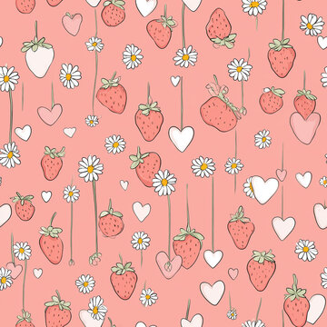 Seamless Cute Strawberry and Daisy Pattern with Hanging Red Berries, White Hearts and Flowers on Coral Pink Background