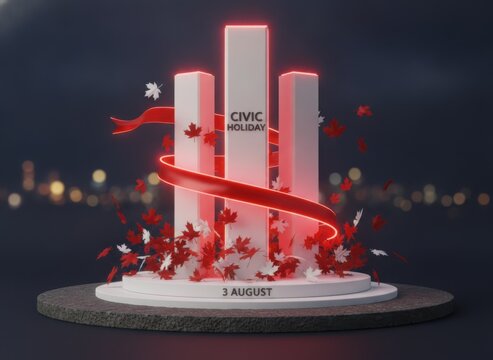 Civic holiday celebration 3 august event 3d illustration with red ribbon and pillars