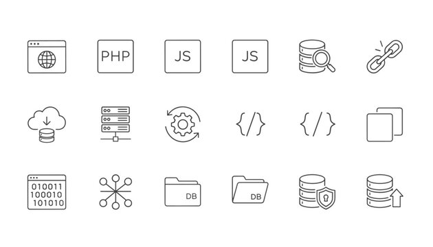 Line art vector icon set showcasing basic web development concepts, PHP, JS, databases, servers, and coding.