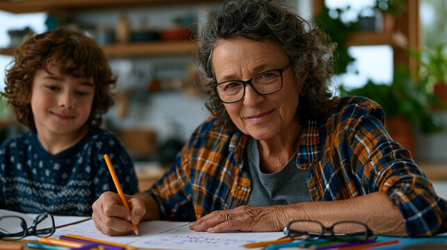Grandmother and grandchild sitting together at kitchen table working on homework assignment, reading glasses and pencils between them, afternoon domestic warmth, multigenerational family support edu