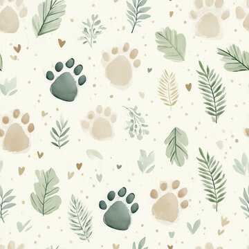 Seamless Pet Paw Print Pattern with Soft Green Botanical Leaves, Beige Footprints and Tiny Hearts on Cream Background