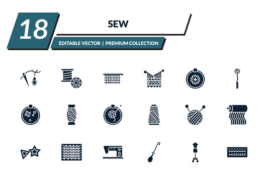 filled sew icons set - threading, bobbin, hand craft, handloom. editable vector for web and mobile ui