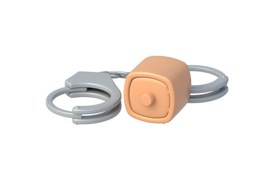 Asset seizure. Confiscation of property. Financial crime investigation. Anti money laundering. Fraud prevention. Handcuffs near a strongbox isolated on white background. 3d render