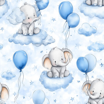 seamless pattern, watercolor balloons, balloon pattern, pastel balloons, floating balloons, soft blue, pink, yellow, turquoise, dreamy background, watercolor texture, hand painted, whimsical, airy, ce
