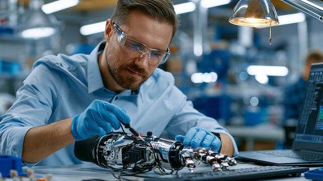 Myoelectric prosthetic elbow joint assembly technician calibrates electrode sensitivity on motorized elbow unit using clinical fitting software, medical manufacturing workshop setting, warm task lam