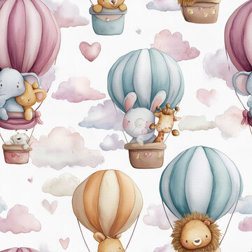 Seamless Watercolor Nursery Pattern with Cute Animals in Pastel Hot Air Balloons, Soft Clouds and Hearts