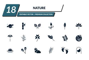 filled nature icons set - planet with satellite, bamboo sticks, straberry leaf, roses. editable vector for web and mobile ui © IconArt