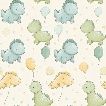 Seamless Cute Dinosaur Nursery Pattern with Pastel Baby Dinosaurs, Balloons, Stars and Playful Children&rsquo;s Motifs