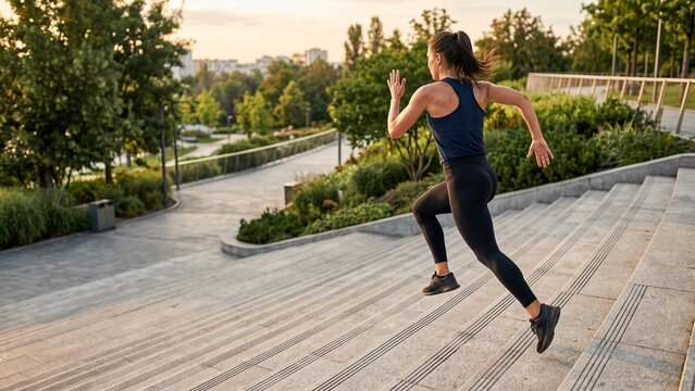 Woman running up stairs in a park during golden hour.
