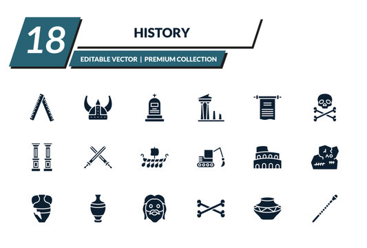filled history icons set - ruler, viking helmet, tomb, ancient. editable vector for web and mobile ui
