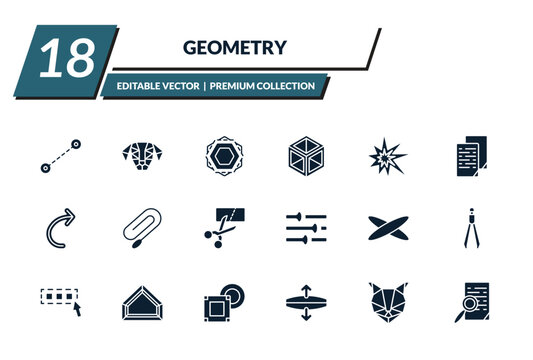 filled geometry icons set - lengthen, polygonal dog, fillet, 3d cube. editable vector for web and mobile ui