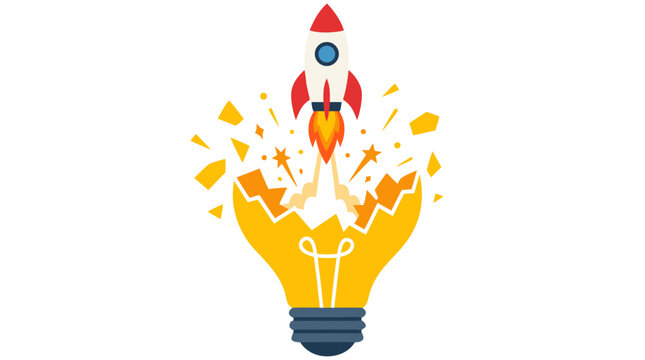A vibrant vector illustration of a yellow lightbulb bursting open at the top with a red and white rocket launching upwards from inside, symbolizing a brilliant new idea, startup success, innovation,