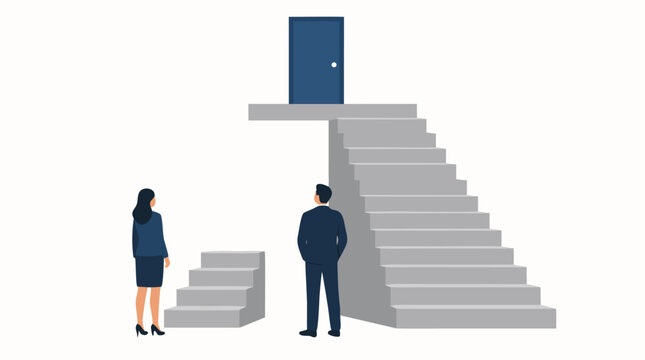 Flat vector illustration of a businessman and businesswoman standing before two staircases of different heights, symbolizing career choices, challenges, opportunities, and paths to success.