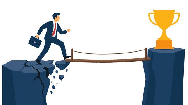 A businessman in a suit steps off a crumbling cliff edge onto a narrow rope bridge to reach a golden trophy cup, symbolizing risk-taking, overcoming obstacles, and achieving success in business.