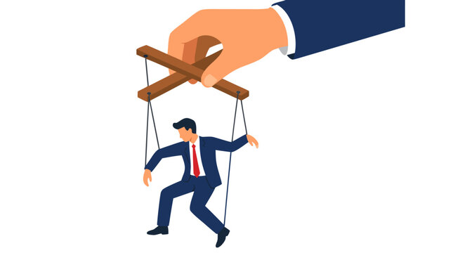 Businessman puppet controlled by giant hand with strings, corporate manipulation concept, bold flat design illustration with navy suit and orange hand on white background