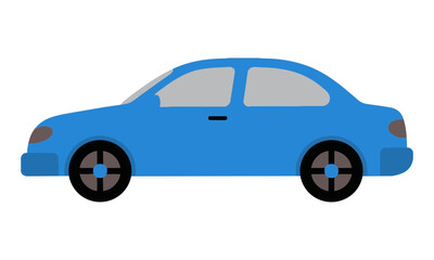 Fototapeta premium Blue minimalist car side profile with smooth rounded edges and simplified wheels on white background modern transportation concept