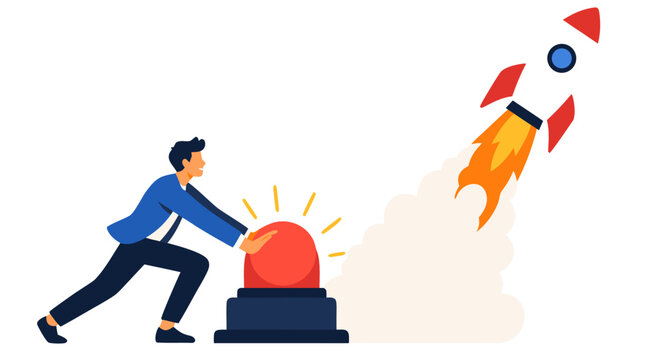 Ambitious entrepreneur in blue suit pushing glowing red launch button with rocket blasting off into sky, startup success concept illustration