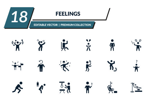 filled feelings icons set - amazed human, determined human, satisfied human, heartbroken editable vector for web and mobile ui