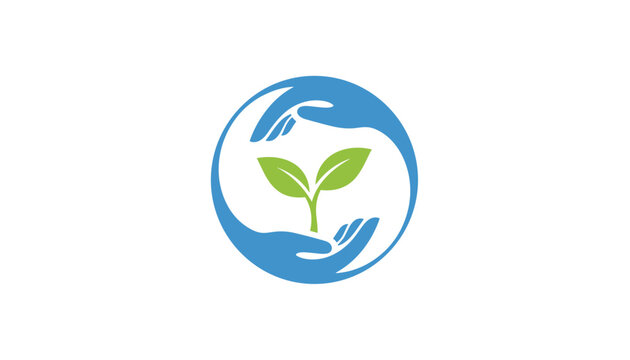 Environmental protection logo of blue hands cradling a growing green plant seedling representing ecology.