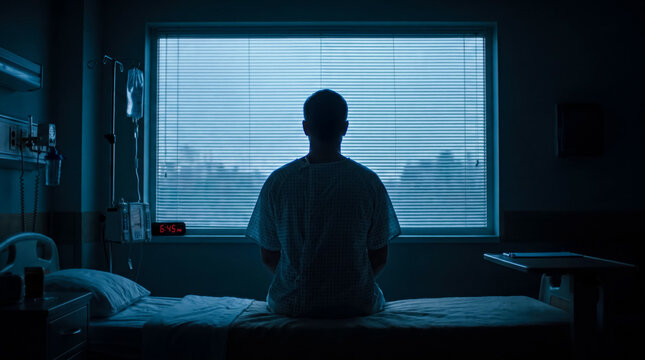 Person sitting on hospital bed looking out window during early morning hours