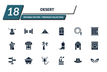 filled desert icons set - fatigue, saloon, wigwam, petroleum. editable vector for web and mobile ui © IconArt