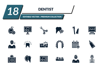 filled dentist icons set - dentist, dental monitor, dentist scissors, prophylaxis. editable vector for web and mobile ui © IconArt